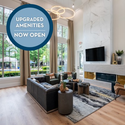 A community clubhouse with vaulted ceilings, an L-shaped sofa, coffee tables, a modern chandelier, a TV, a fireplace, and upgraded amenities.